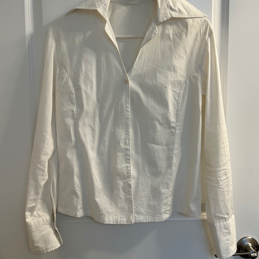 White  Poplin  v neck Blouse